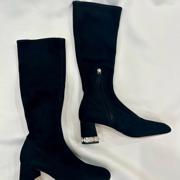 Miu Miu Black Knee-High Suede Boots with Crystal-Trim Block Heel - Picture 2 of 14